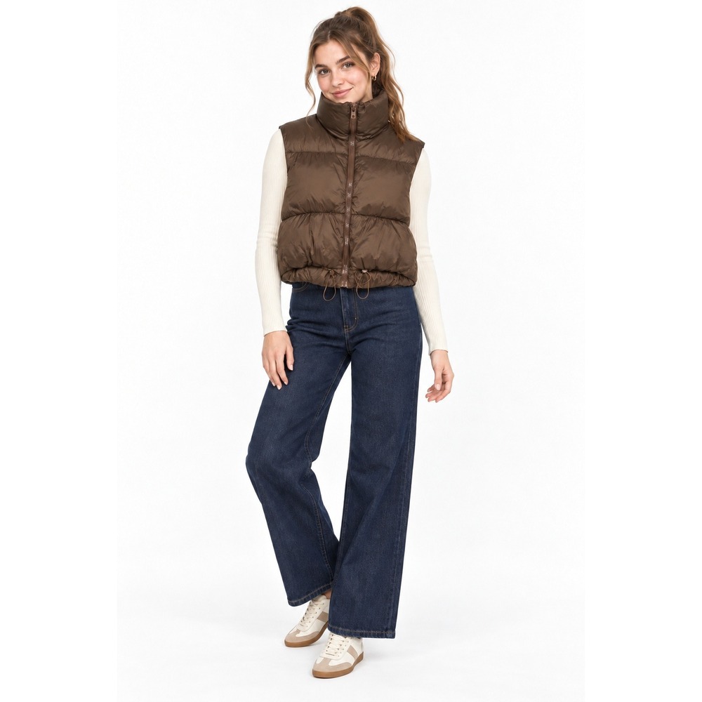 Brown Puffer Vest Size 8 High Collar Drawstring Hem‎ Utility Outdoor Minimalist